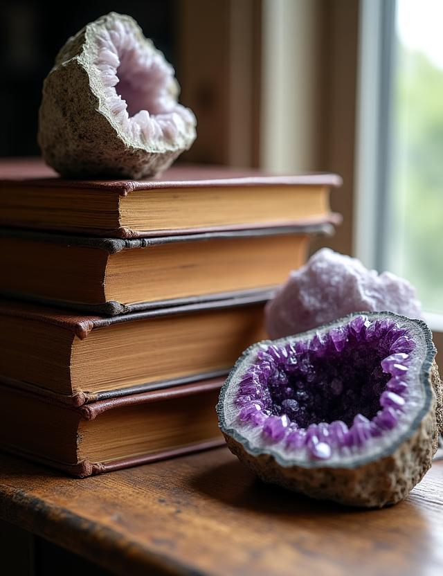 Stapel seltener Bücher neben funkelnden Kristallen